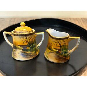 Vintage Japan Hand Painted Landscape Scene Superfine China Covered Sugar and Cre